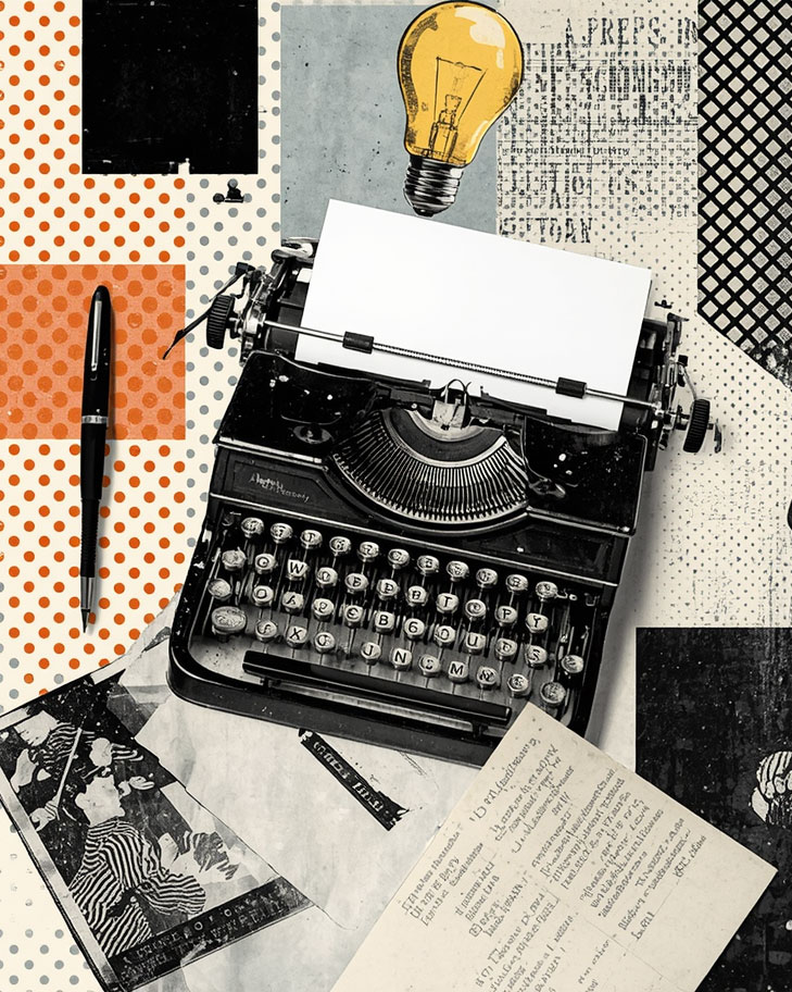 macchina da scrivere, penne e una lampadina, simboli di scrittura e comunicazione strategica