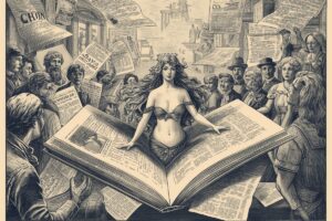 una sirena che esce da un giornale circonda da spettatori curiosi, la storia di Barnum