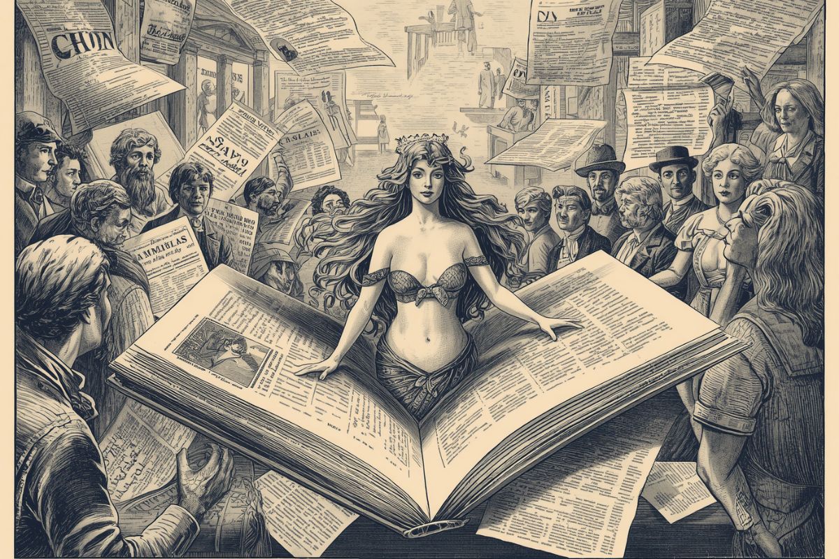 una sirena che esce da un giornale circonda da spettatori curiosi, la storia di Barnum
