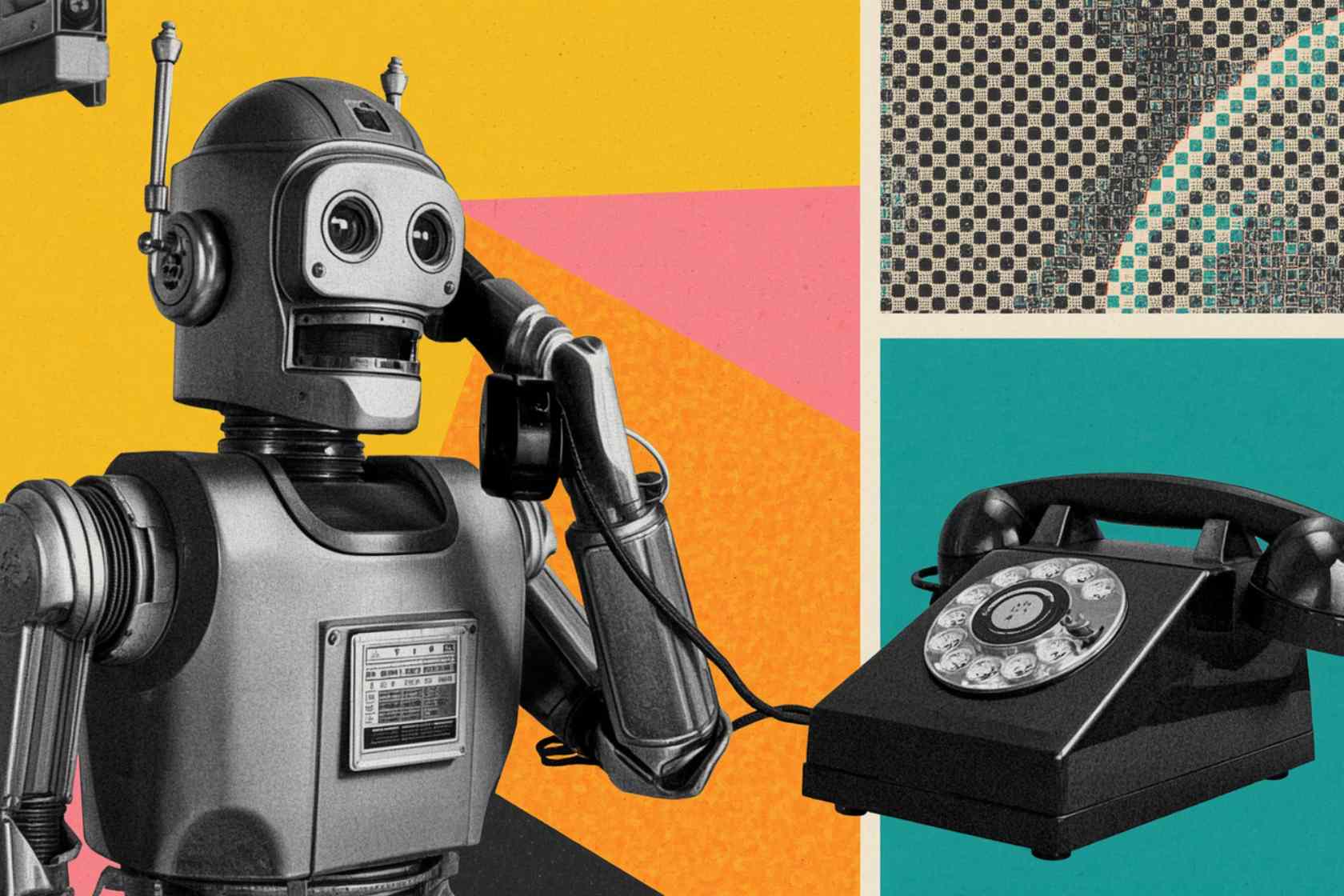 Robot che parla al telefono, stile vintage